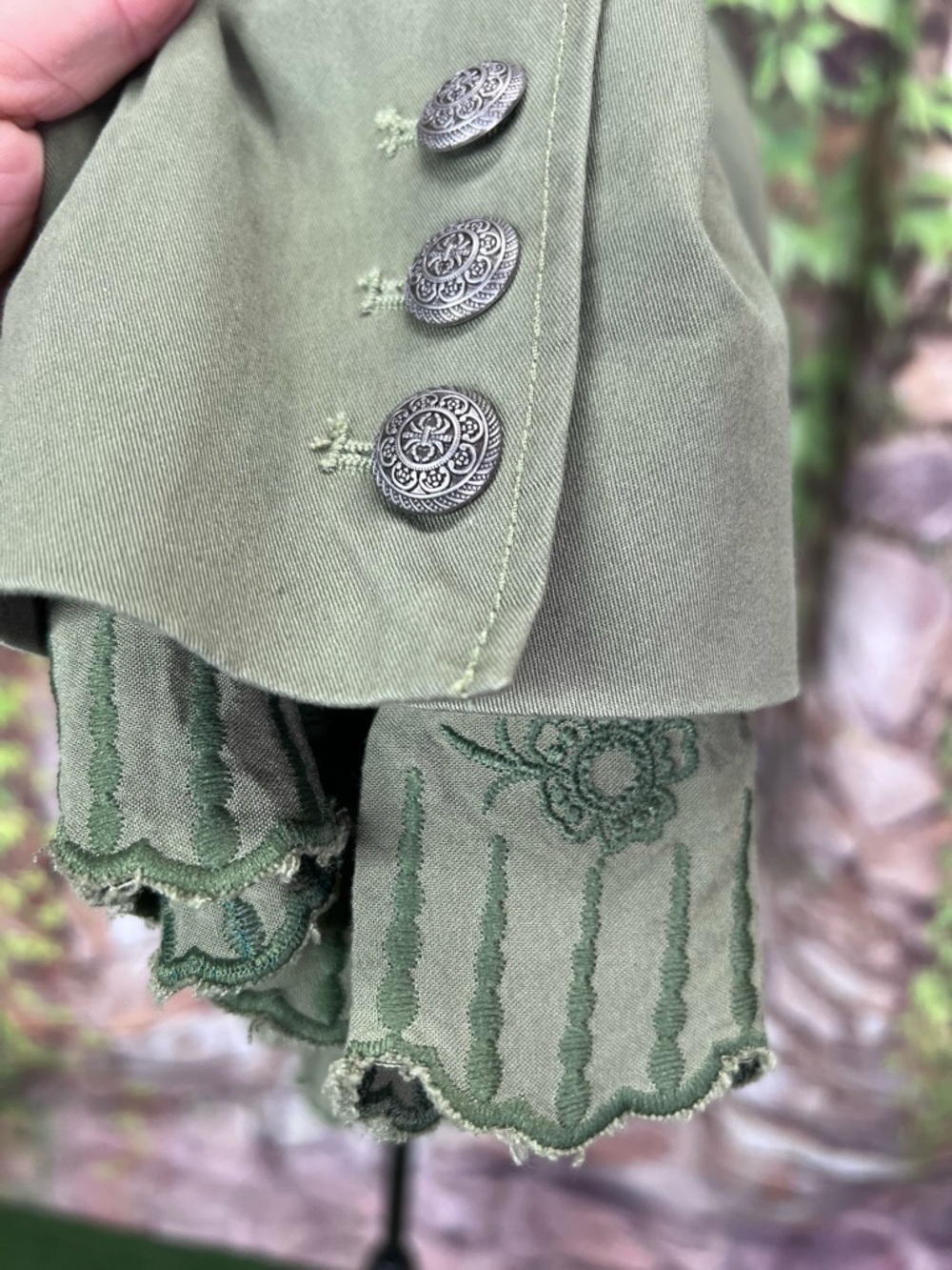 SUNDANCE Olive Ruffle Trim Boho Embroidery Military/Band Jacket, S - Picture 6 of 13